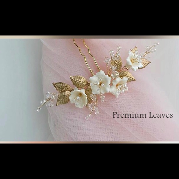 Bridal Flower Hair Pin Gold Leaf - Picture 3 of 4